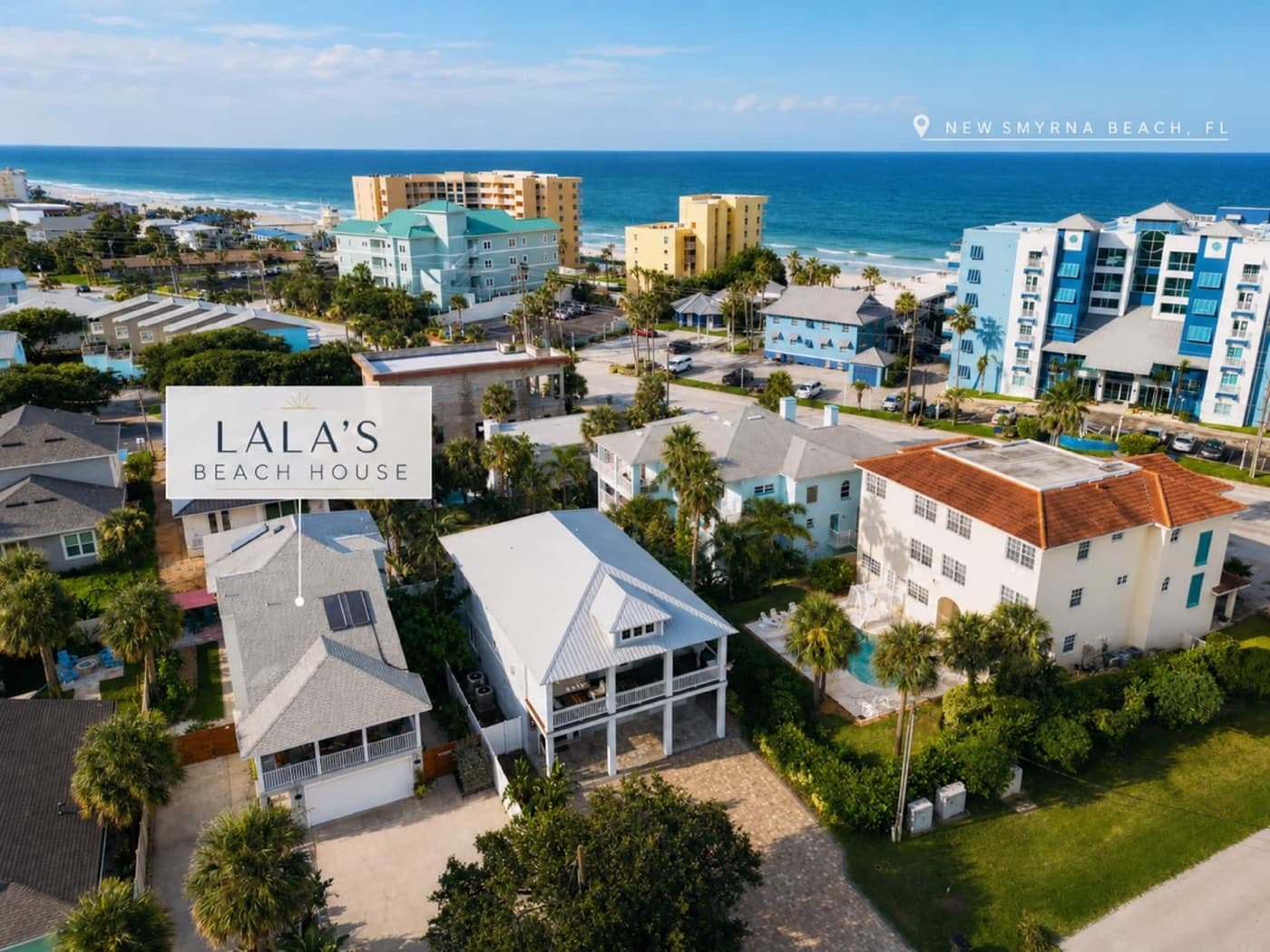 Aerial view of Lala’s Beach House just steps from New Smyrna Beach